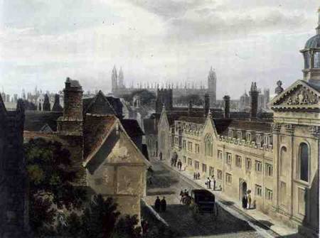 Exterior of Pembroke College, from a window of Peterhouse, Cambridge, from 'The History of Cambridge de Frederick Mackenzie