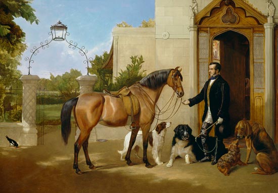 A Gentleman with his Hunter and Dogs outside his house de Frederick W. Keyl