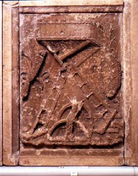Plaque depicting a raised battlemented fighting platform for use by the attacking army in a seige