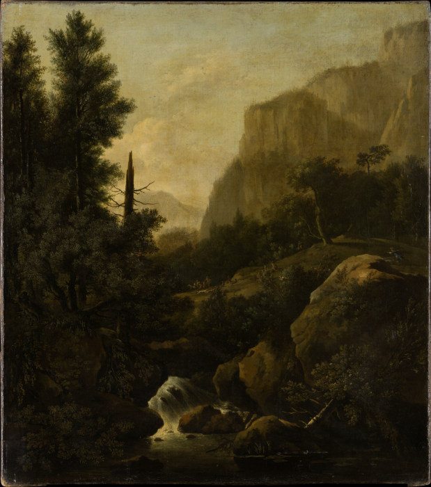 Mountain Landscape with Deer Hunt at a Waterfall de Frederik de Moucheron