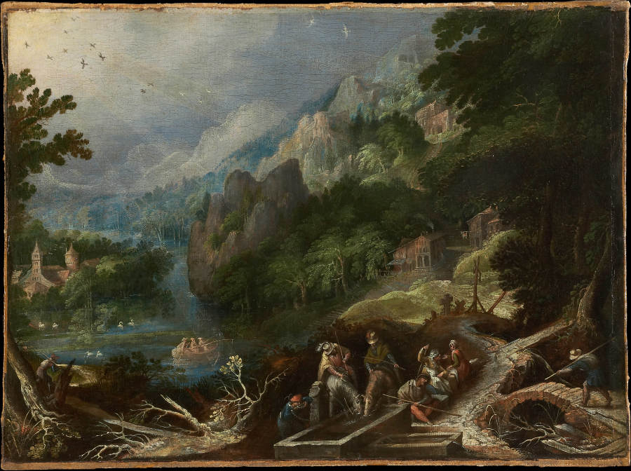 Mountain Landscape with Travelers at a Well de Frederik van Valckenborch