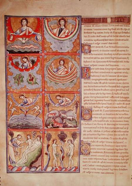 Ms 1 f.4v The Creation of the World, from the Souvigny Bible de French School