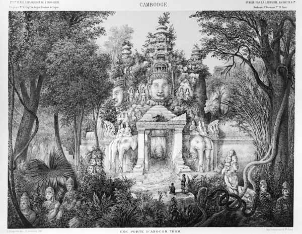 Doorway of Angkor Thom, illustration from 'Atlas du voyage d'exploration en Indochine, 1866-68' by D de French School