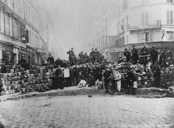 Barricade at the entrance of the Faubourg du Temple, Paris, during the Commune, 18 March 1871 (b/w p de French School
