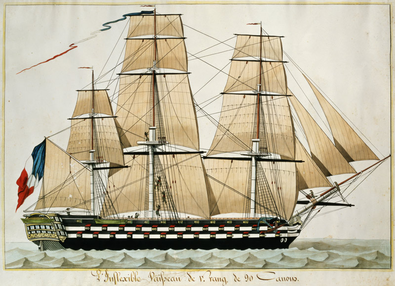 'L'Inflexible Vaisseau de v. Rang de 90 Canons' (The 90 Gun Ship of the Line) c.1835 (w/c with pen & de French School