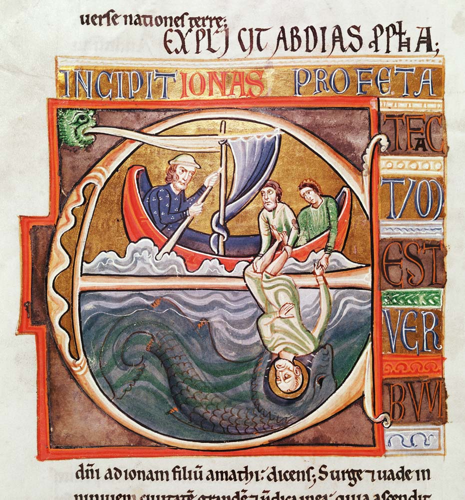 Ms 1 Fol.196v Historiated initial ''E'' depicting Jonah Thrown into the Sea, from the Souvigny Bible de French School