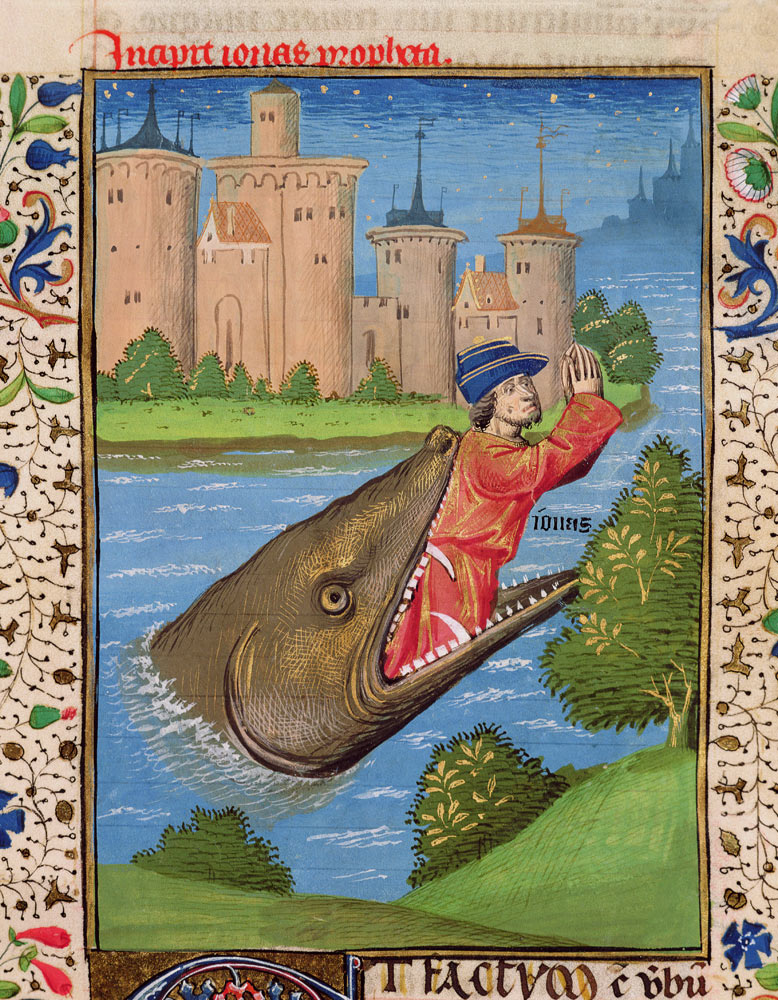 Ms H 7 f.111r Jonah and the Whale, from the Bible of Jean XXII de French School
