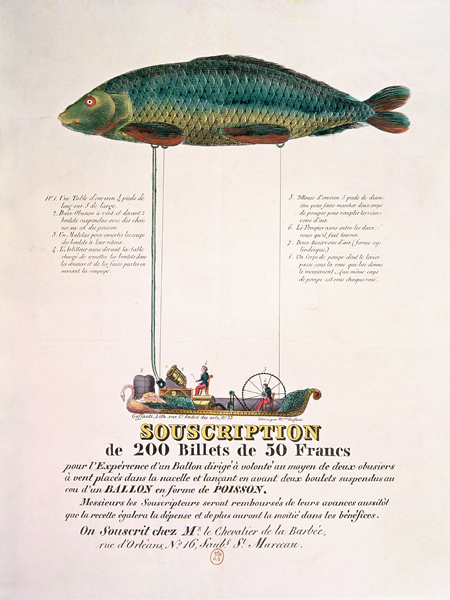 Poster advertising the subscription for a dirigible balloon in the shape of a fish de French School