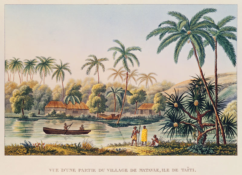 Village of Matavae, Tahiti, illustration from ''Voyage autour du Monde sur la Corvette Coquille'' Li de French School