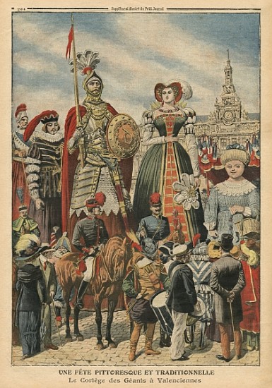 A picturesque and traditional feast, the procession of the Giants at Valenciennes, illustration from de French School