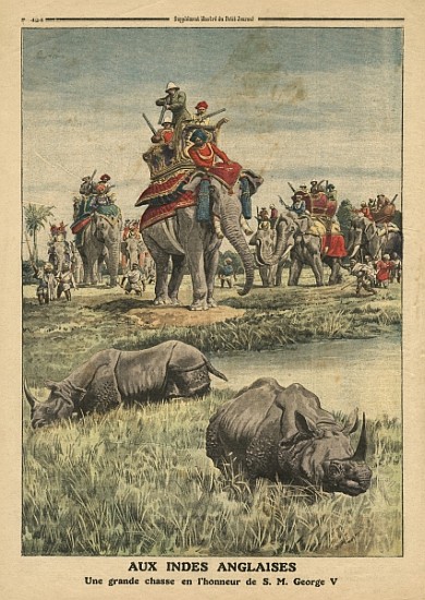 A rhinoceros hunt in honour of King George V (1865-1936), illustration from ''Le Petit Journal'', su de French School