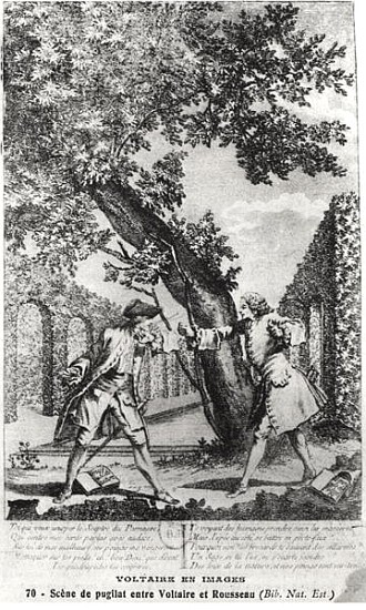 Argument between Jean-Jacques Rousseau (1712-78) and Voltaire (1694-1778) de French School