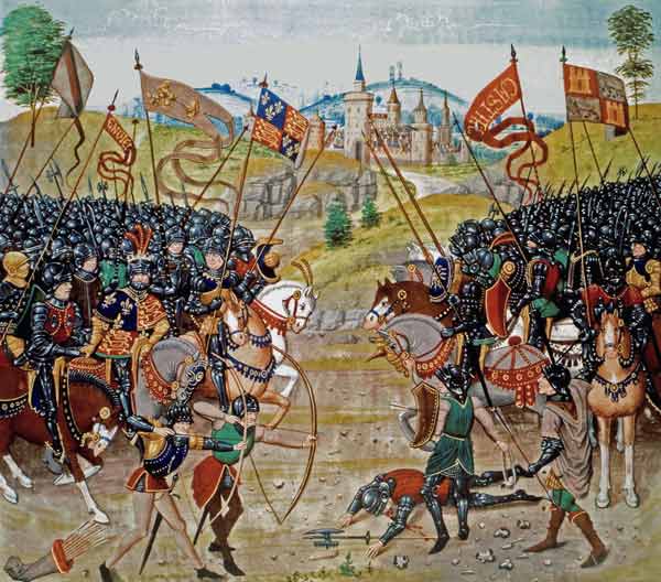 Fr 2643 f.312v Battle of Najera, 1367, from Froissart''s Chronicle de French School