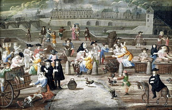 Bread and Poultry Market on Quai des Grands Augustins, painted for a fan de French School