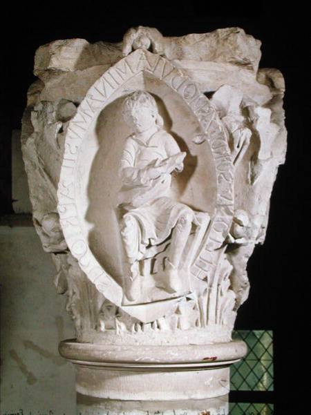 Capital depicting the First Key of Plainsong with a dulcimer player de French School