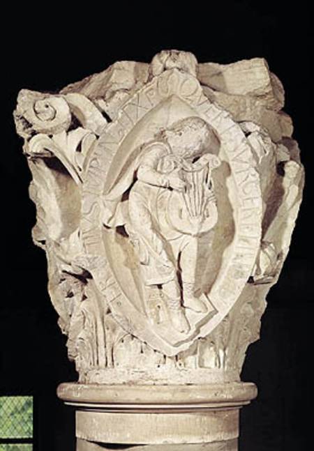 Capital depicting the Third Key of Plainsong with a lute player de French School