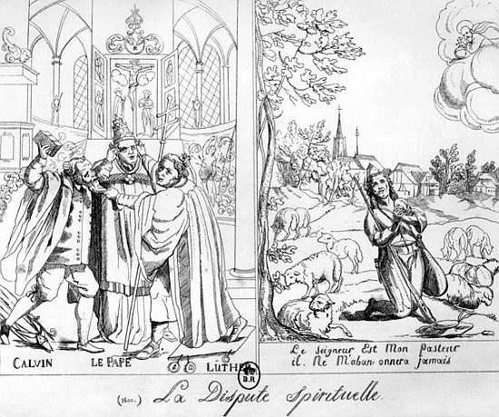 Caricature depicting a Spiritual Dispute between Pope Leo X (1476-1521) Martin Luther (1483-1546) an de French School