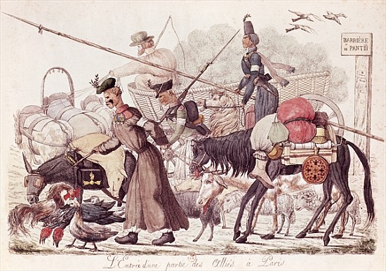 Caricature depicting the Entry into Paris of a Part of the Allied Troops, 1814 (coloured etching) de French School