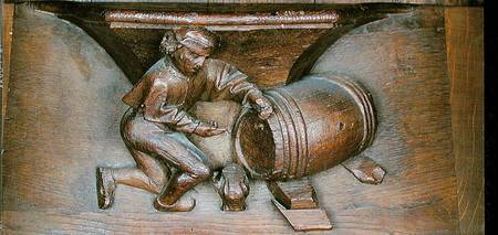 Carving depicting a man putting a tap on a barrel, from a choir stall from the Abbey of St. Lucien i de French School