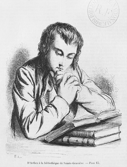 Daniel d''Arthez at the Bibliotheque Sainte-Genevieve, illustration from ''Les Illusions perdues'' H de French School