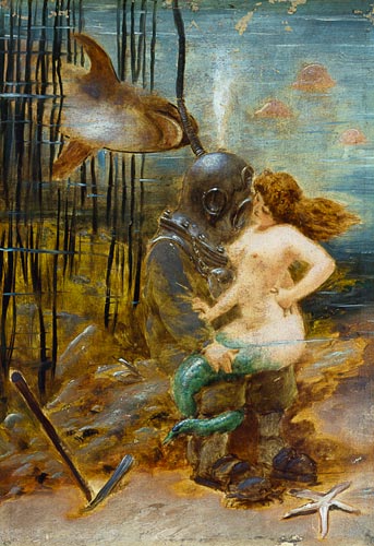 Deep Sea Diver with a Mermaid and a Shark de French School