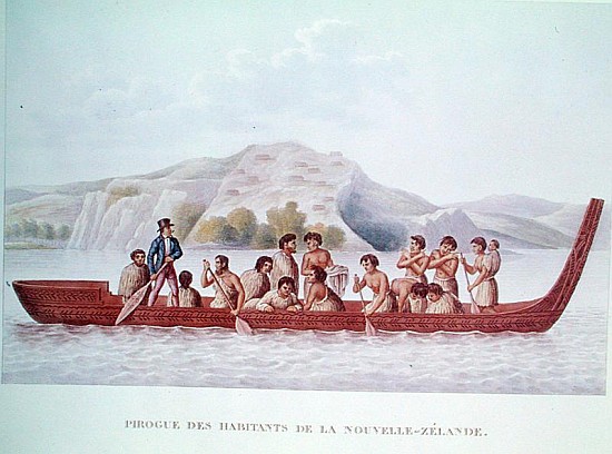Dugout canoe piloted natives of New Zealand, illustration from ''Voyage Around the World in the Corv de French School