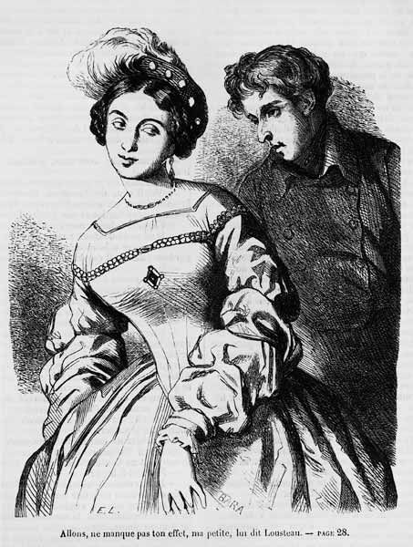 Etienne Lousteau speaking to an actress, illustration from ''Les Illusions perdues'' Honore de Balza de French School