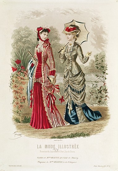 Fashion plate showing hats and dresses, illustration from ''La Mode Ilustree'' de French School