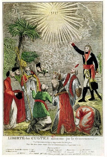 Freedom of Worship during the period of Napoleon''s consulship, depicting Napoleon pointing towards  de French School