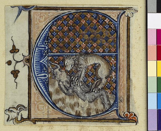 Historiated initial ''E'' depicting a lion fighting a devil, c.1320-30 de French School