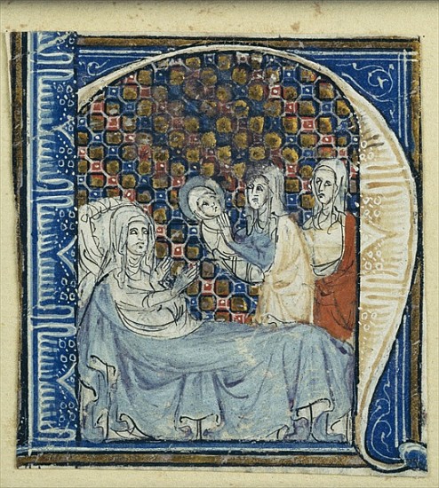 Historiated initial ''H'' depicting the Birth of the Virgin, c.1320-30 de French School