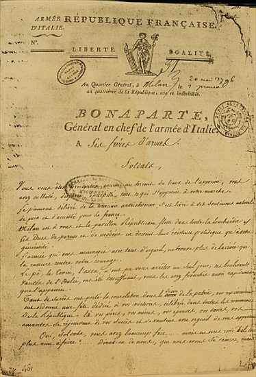 Instructions to soldiers issued Napoleon as General of the Italian Army, 20th May 1796 de French School
