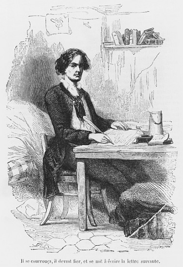 Lucien de Rubempre writing a letter, illustration from ''Les Illusions perdues'' Honore de Balzac; e de French School