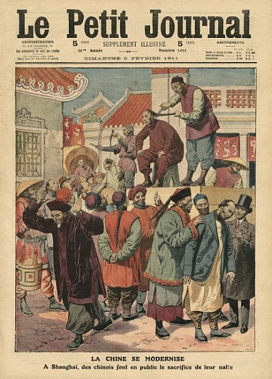 Modernisation of China, Chinese having their pigtail cut off in Shanghai, illustration from ''Le Pet de French School