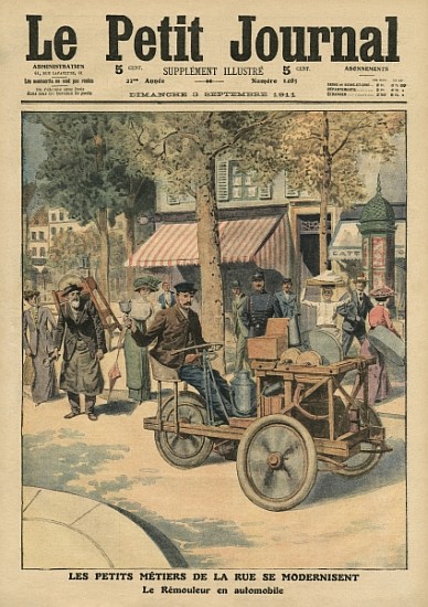 Modernisation of the street jobs, the knife grinder in his car, illustration from ''Le Petit Journal de French School