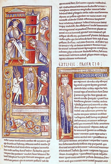 Ms 1 fol.284r Esther and Ahasuerus and the Hanging of Haman, from the Souvigny Bible de French School
