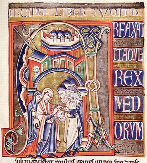 Ms 1 fol.292 Historiated initial depicting Judith with the head of Holofernes, from the Souvigny Bib de French School
