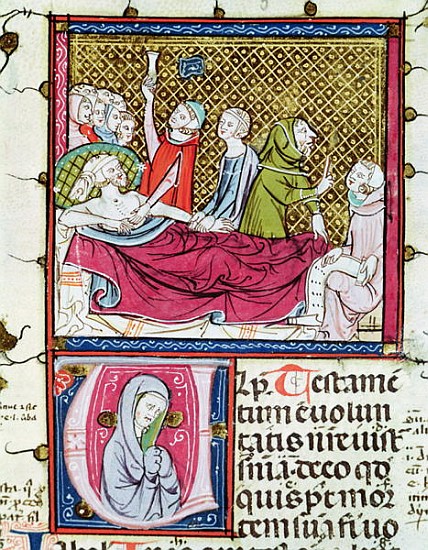 Ms 3076 fol.56r Dying Man Surrounded Doctors and Family, Dictating his Will, from ''Justiniani in Fo de French School