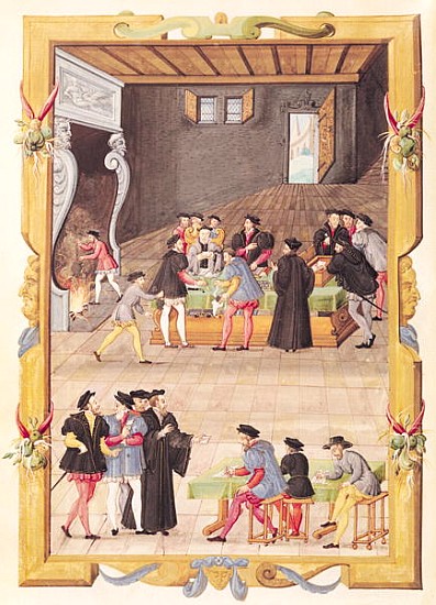 Ms 5169 f.2v The Notaries and the King''s Secretaries in the Hall of the College of Notaries and Kin de French School