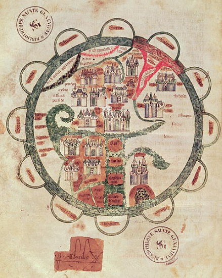 Ms 782 f.374v World map with Jerusalem in the centre, from ''Chroniques de St. Denis'', c.1275 de French School