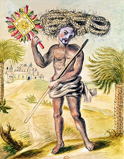 Penitent man in India with plaited hair, from ''Usages Indiens'' de French School