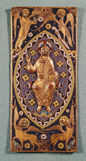 Reliquary plaque depicting Christ with the symbols of the evangelists (enamelled copper) de French School
