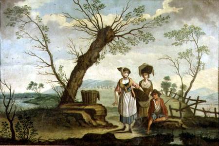 Rustic landscape with washerwomen and a peasant de French School