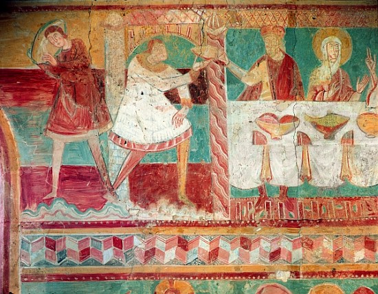 Servants bringing a jar of wine and offering a cup to a guest at the Marriage at Cana, from the Sout de French School