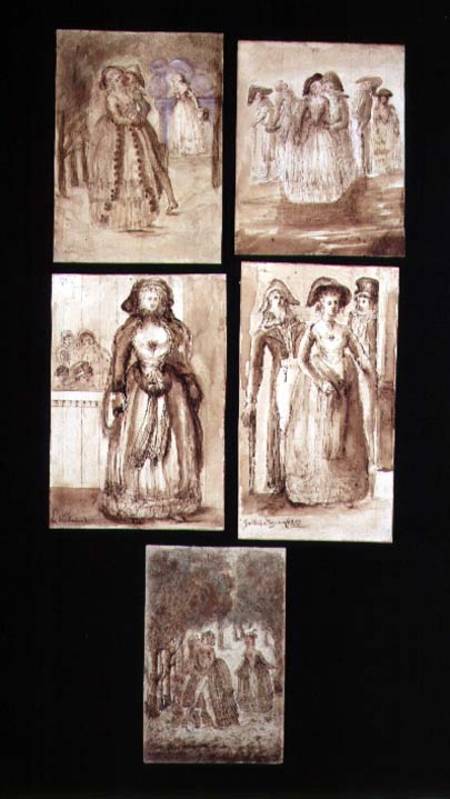 Five Sketches of Courting Lovers in the Park of Versailles de French School