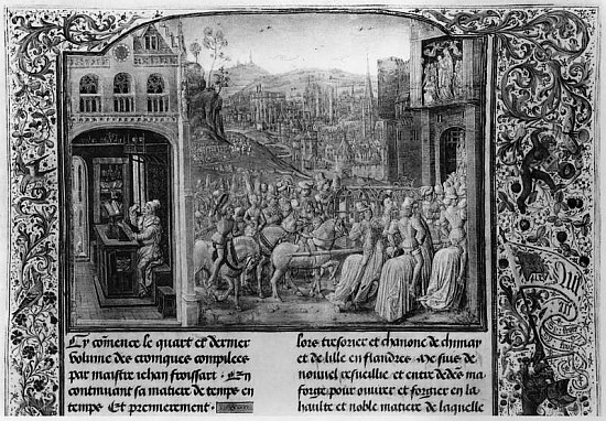T.4 fol.1 L: Froissart writing his chronicle, R: Isabella of Bavaria (1371-1435) entering Paris in 1 de French School