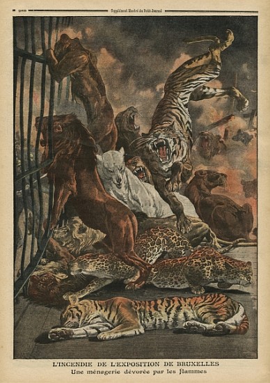 The fire at the Universal Exhibition of Brussels, a menagerie being consumed the flames, illustratio de French School