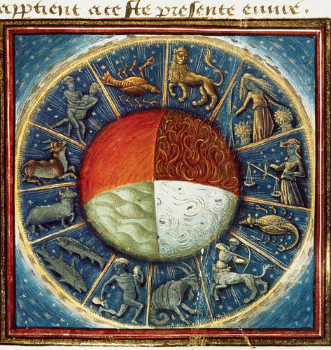 Ms Fr 135 Fol.285 The four elements of the Earth with the twelve signs of the zodiac, from 'Des Prop de French School