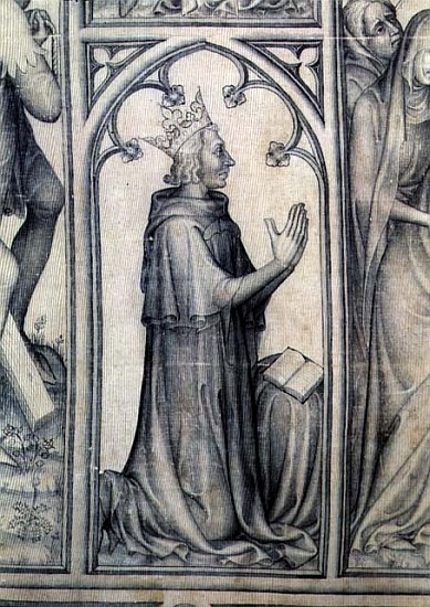 The Parement of Narbonne, detail of Charles V (1338-80) praying, c.1375 (grisaille on silk) (detail  de French School