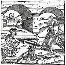 A Man loading a cannon, illustration for ''De re Militari'' Publius Flavius Vegetius Renatus (fl.390